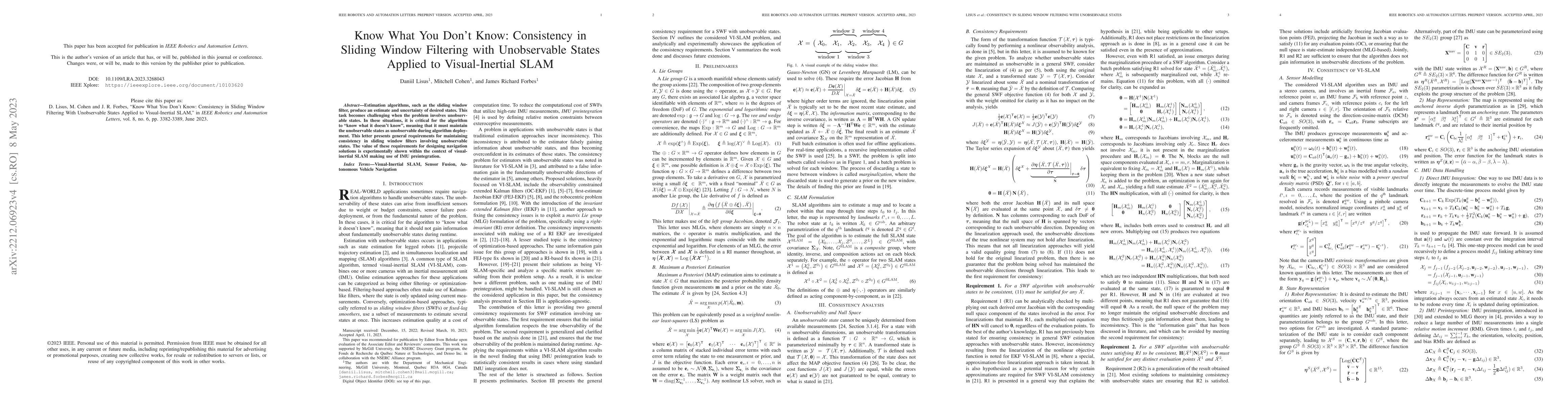 Thumbnail for Know What You Don't Know: Consistency in Sliding Window Filtering with
  Unobservable States Applied to Visual-Inertial SLAM (Extended Version)