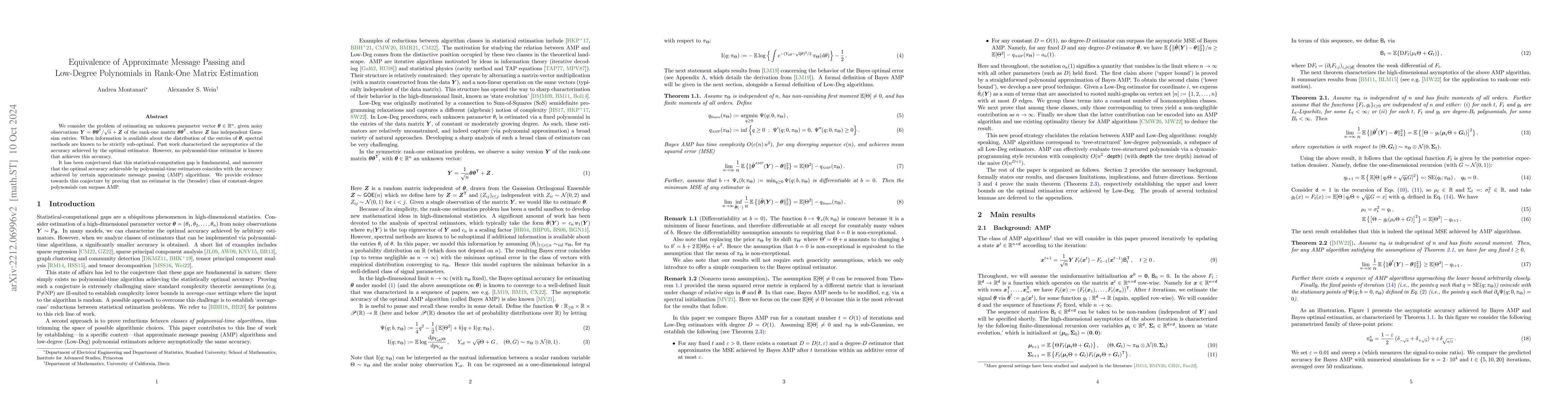 Thumbnail for Equivalence of Approximate Message Passing and Low-Degree Polynomials in
  Rank-One Matrix Estimation