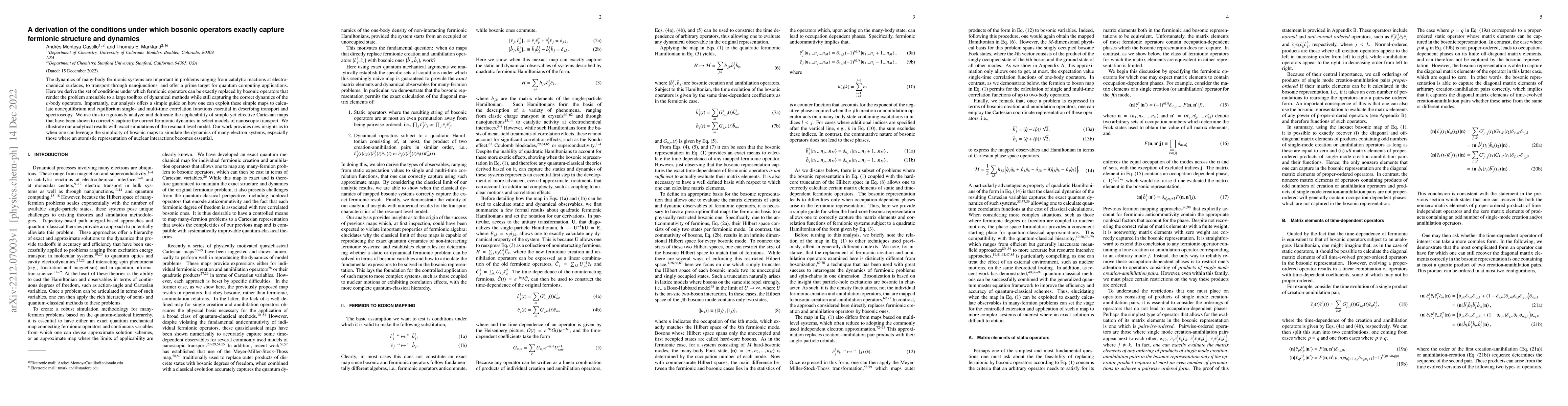 Thumbnail for A derivation of the conditions under which bosonic operators exactly
  capture fermionic structure and dynamics