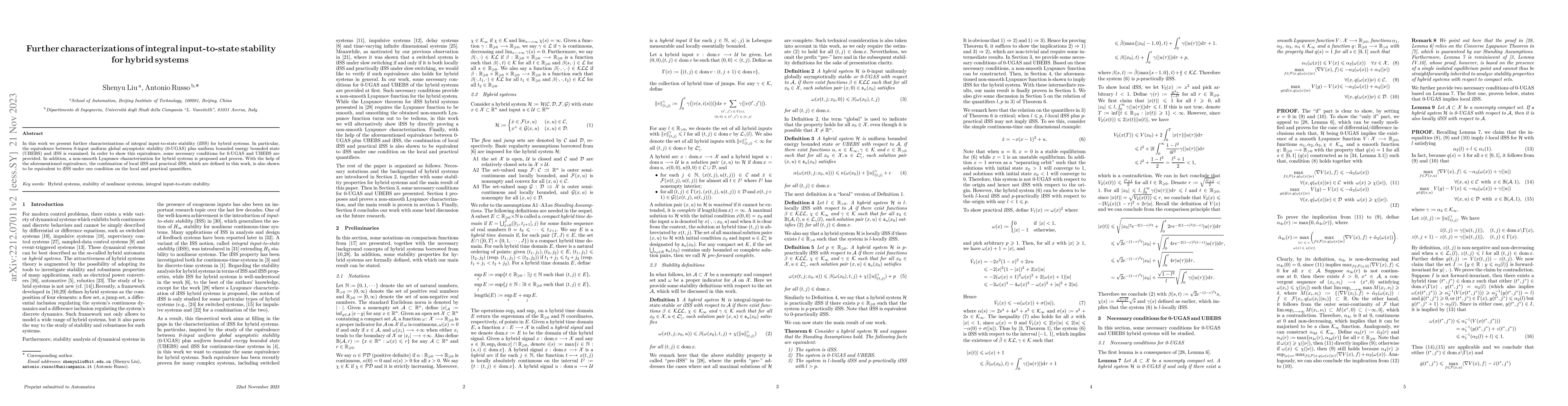 Thumbnail for Further characterizations of integral input-to-state stability for
  hybrid systems