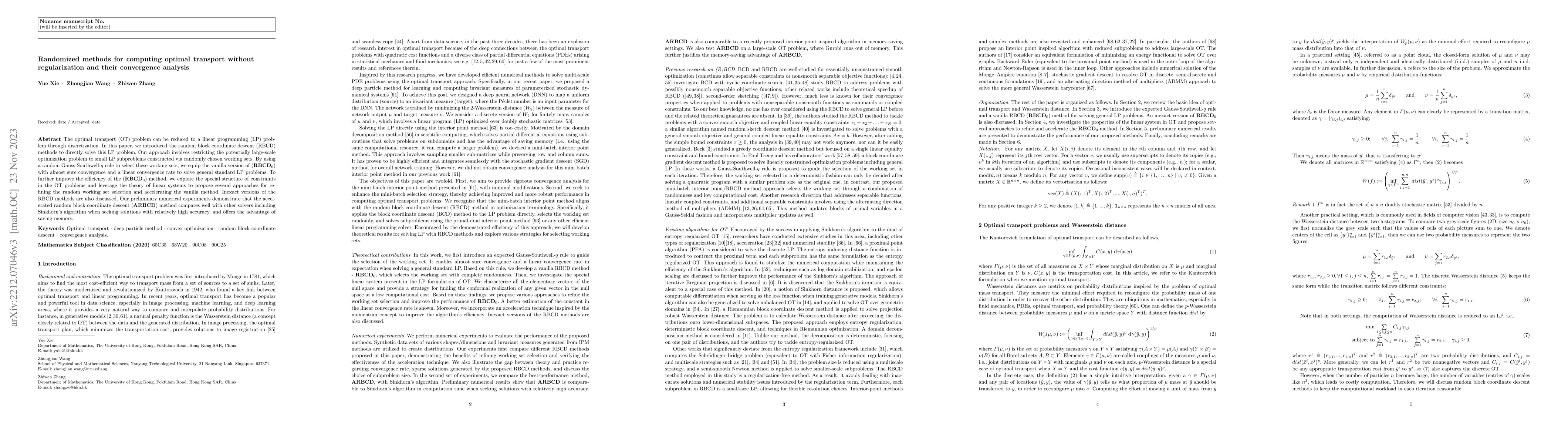 Thumbnail for Randomized methods for computing optimal transport without
  regularization and their convergence analysis
