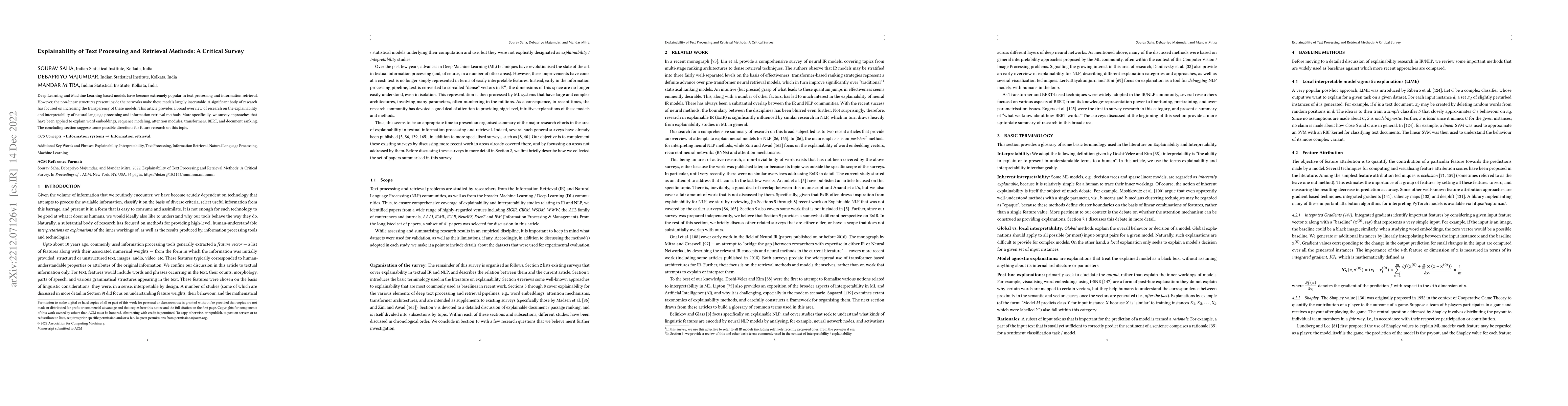 Thumbnail for Explainability of Text Processing and Retrieval Methods: A Critical
  Survey