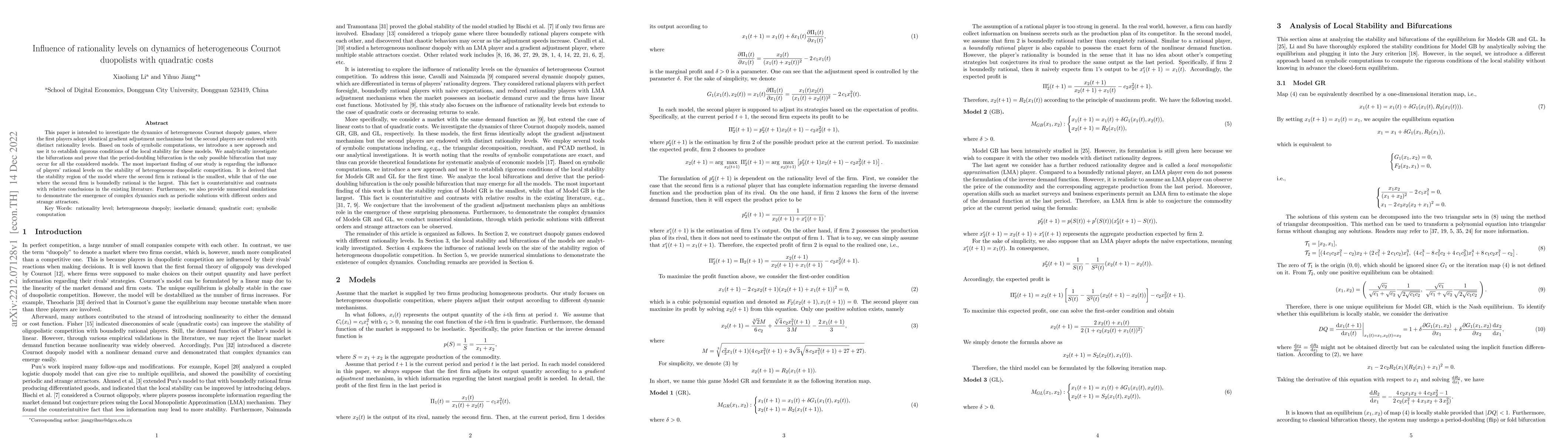 Thumbnail for Influence of rationality levels on dynamics of heterogeneous Cournot
  duopolists with quadratic costs