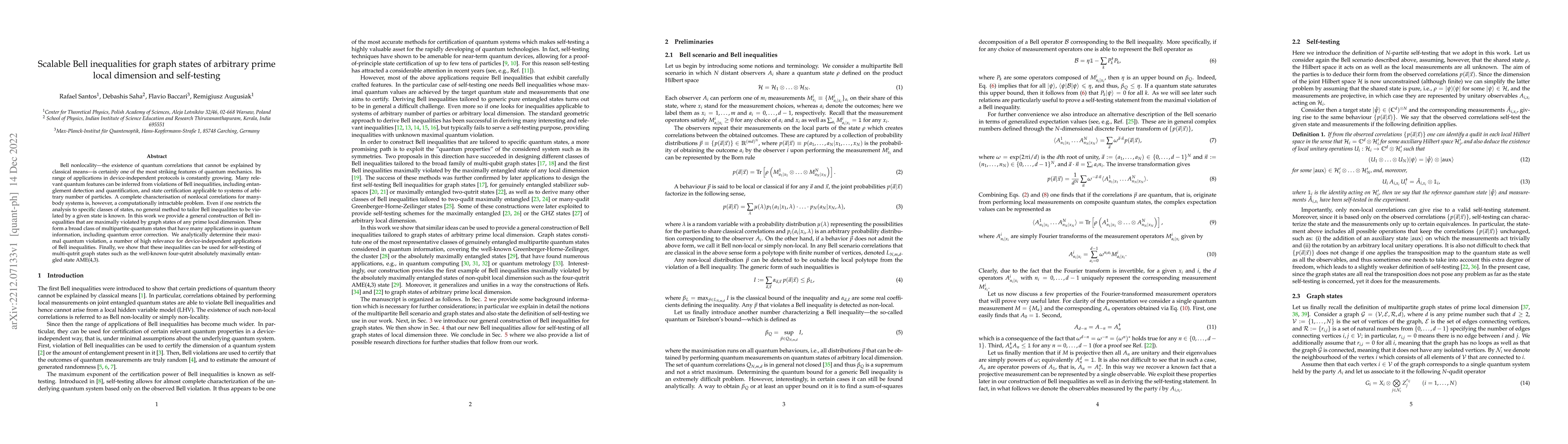Thumbnail for Scalable Bell inequalities for graph states of arbitrary prime local
  dimension and self-testing