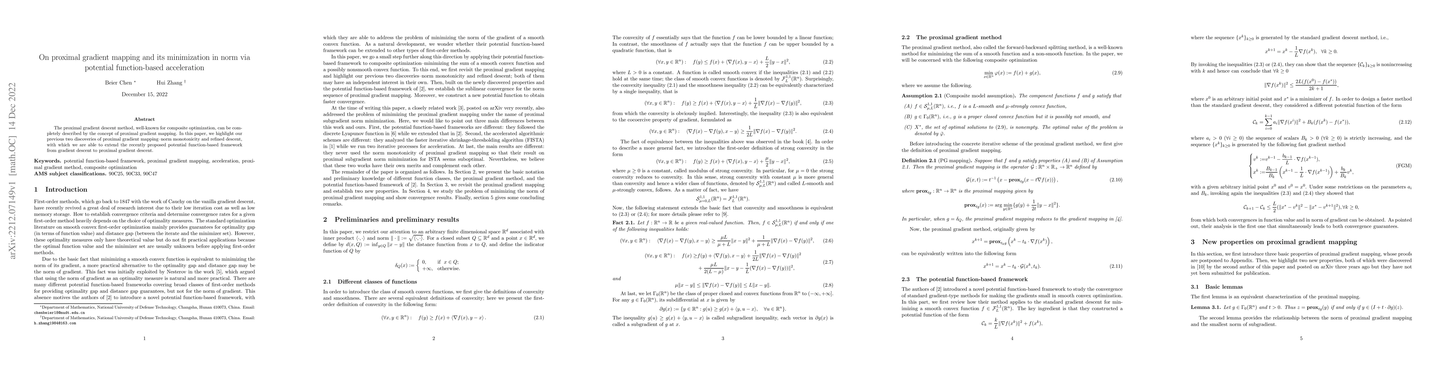 Thumbnail for On proximal gradient mapping and its minimization in norm via potential
  function-based acceleration