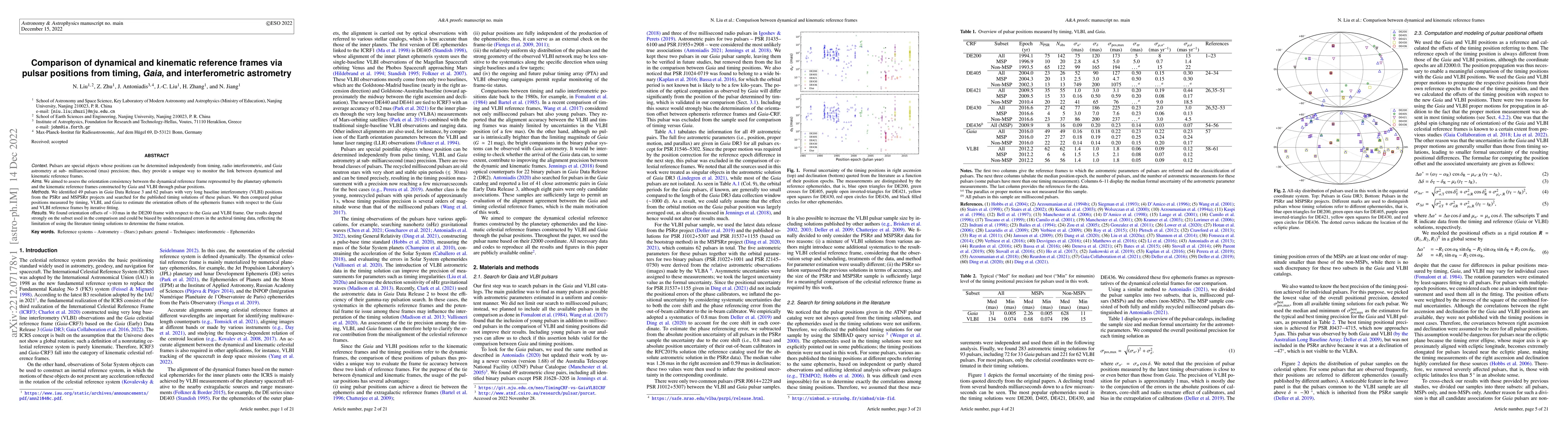Thumbnail for Comparison of dynamical and kinematic reference frames via pulsar
  positions from timing, Gaia, and interferometric astrometry