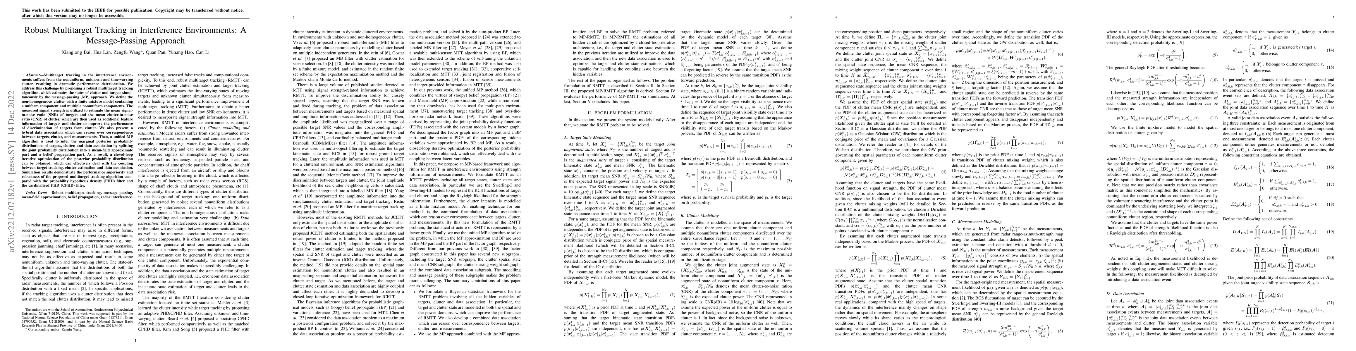 Thumbnail for Robust Multitarget Tracking in Interference Environments: A
  Message-Passing Approach