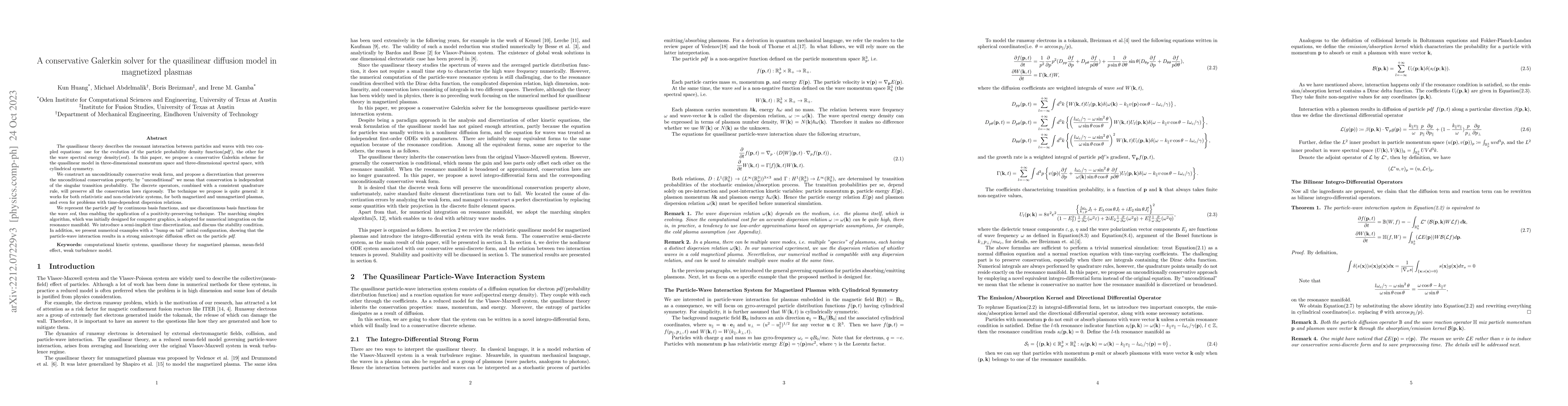 Thumbnail for A conservative Galerkin solver for the quasilinear diffusion model in
  magnetized plasmas