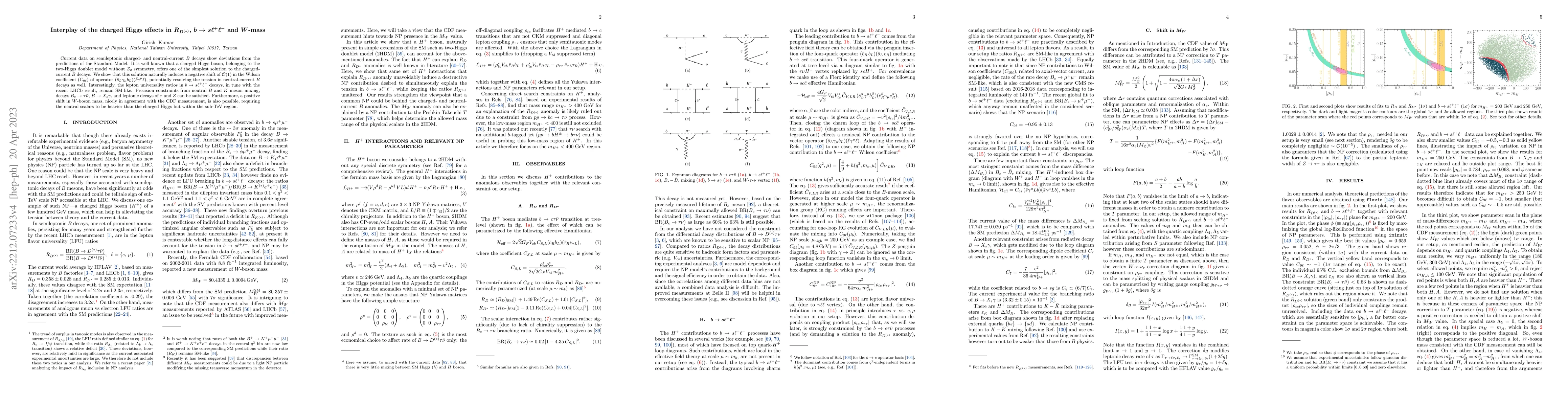 Thumbnail for Interplay of the charged Higgs effects in $R_{D^{(\ast)}}$, $b\to s
  \ell^+\ell^-$ and $W$-mass