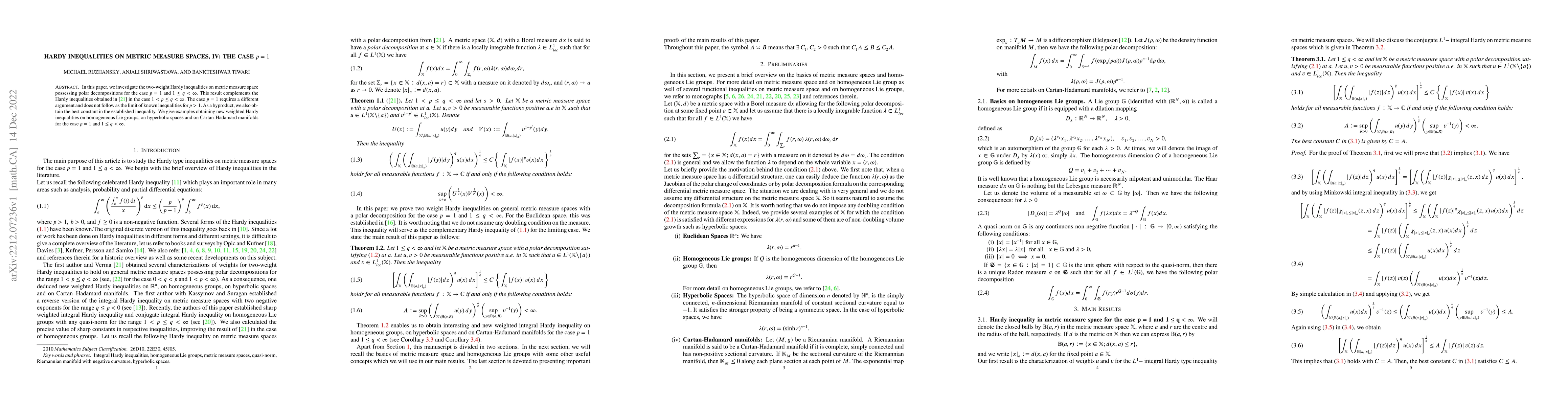 Thumbnail for Hardy inequalities on metric measure spaces, IV: The case $p=1$