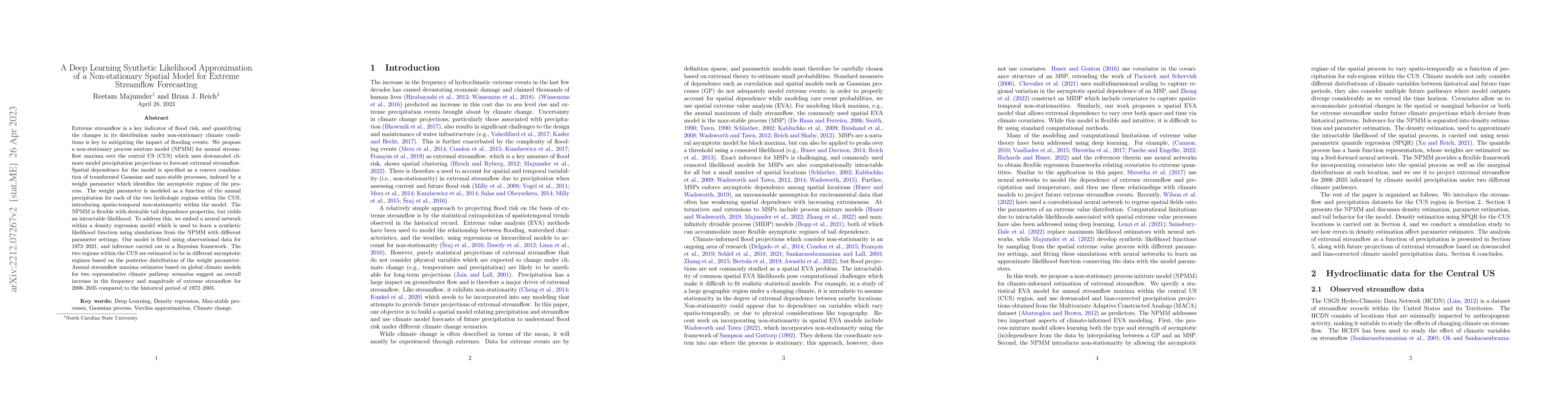 Thumbnail for A Deep Learning Synthetic Likelihood Approximation of a Non-stationary
  Spatial Model for Extreme Streamflow Forecasting