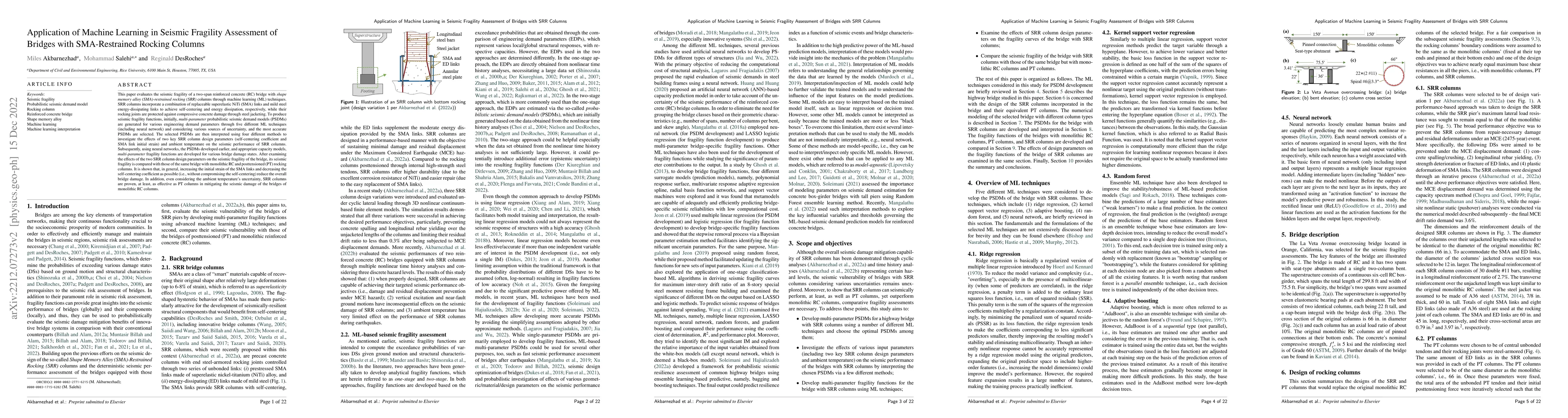 Thumbnail for Application of Machine Learning in Seismic Fragility Assessment of
  Bridges with SMA-Restrained Rocking Columns