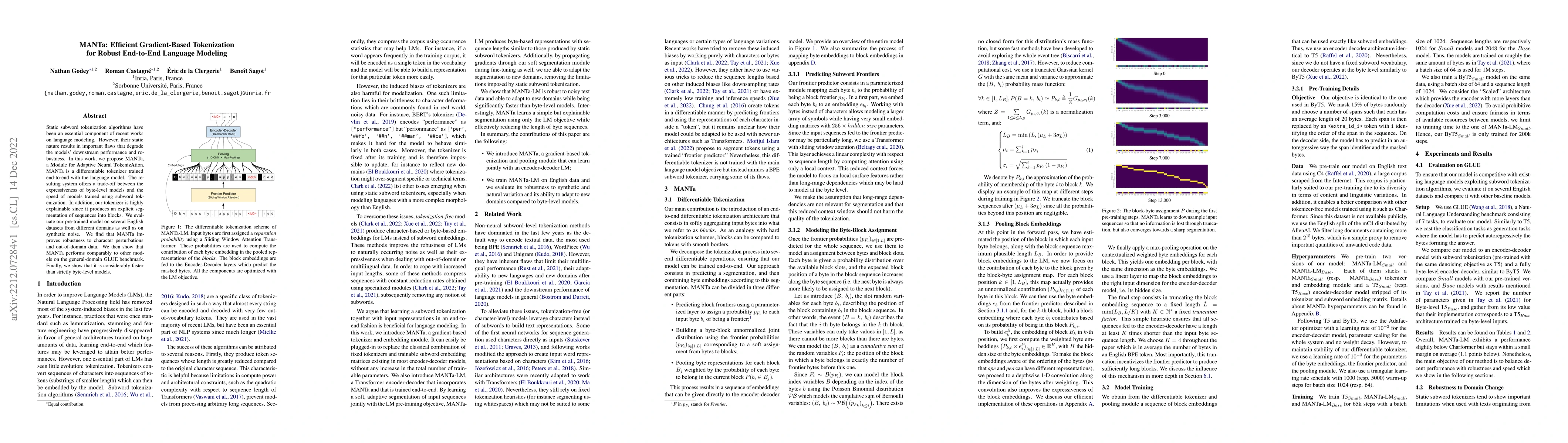 Thumbnail for MANTa: Efficient Gradient-Based Tokenization for Robust End-to-End
  Language Modeling