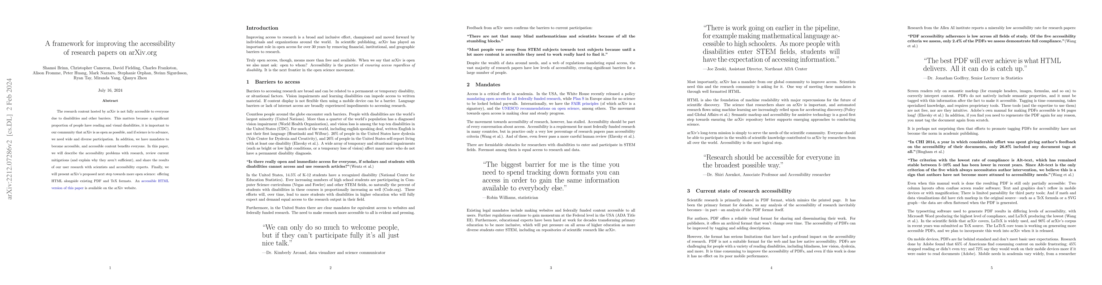 Thumbnail for A framework for improving the accessibility of research papers on
  arXiv.org