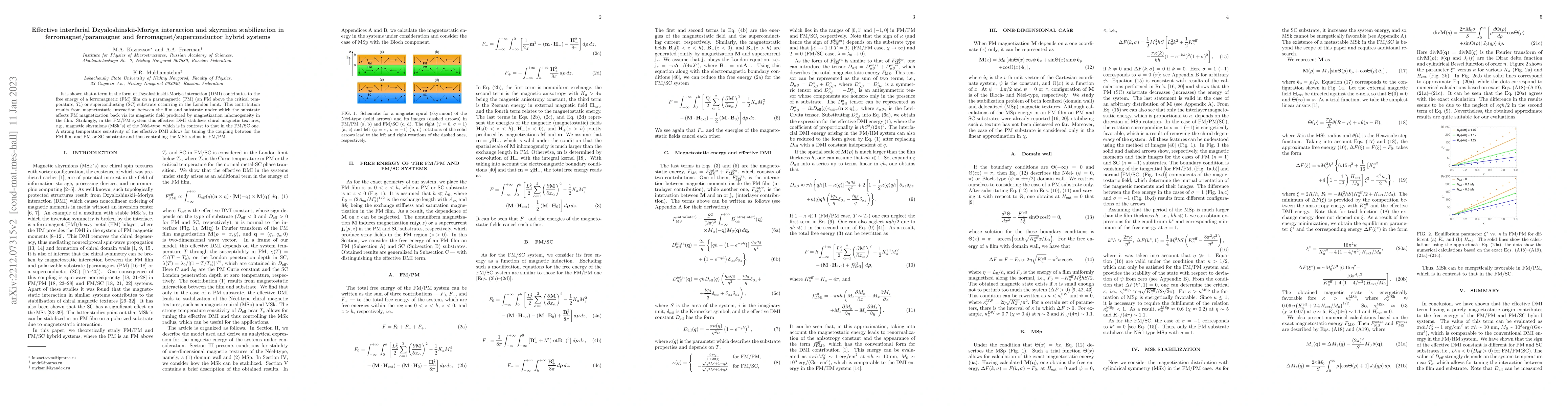 Thumbnail for Effective interfacial Dzyaloshinskii-Moriya interaction and skyrmion
  stabilization in ferromagnet/paramagnet and ferromagnet/superconductor hybrid
  systems
