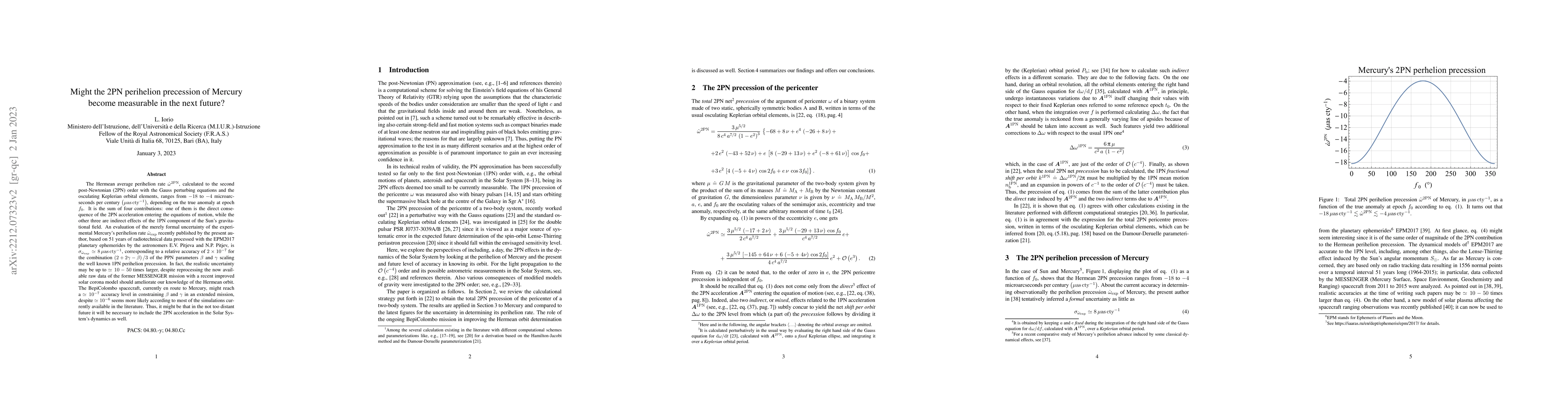 Thumbnail for Might the 2PN perihelion precession of Mercury become measurable in the
  next future?