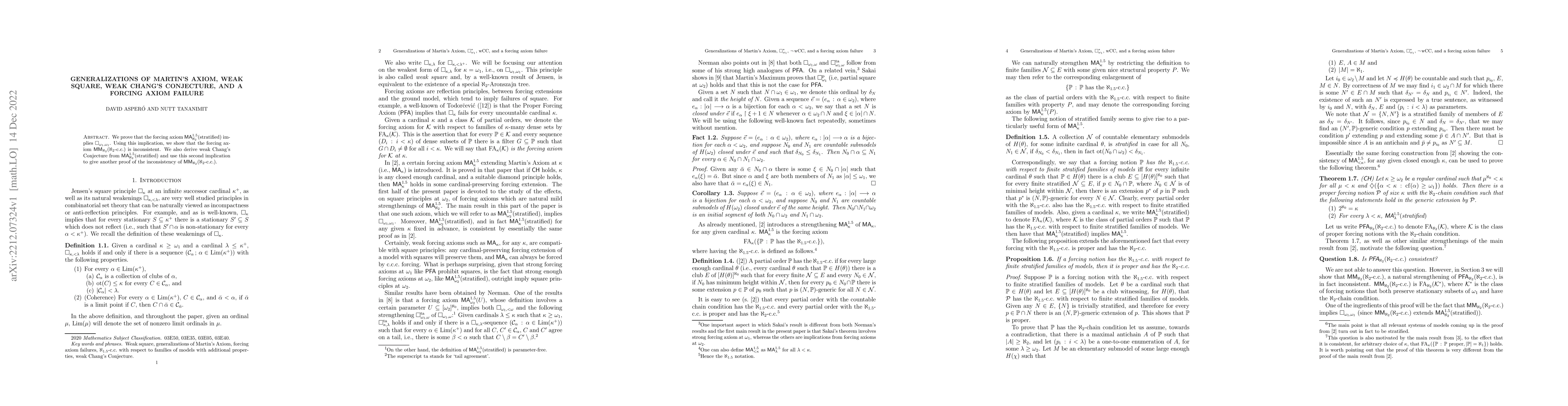 Thumbnail for Generalizations of Martin's Axiom, weak square, weak Chang's Conjecture,
  and a forcing axiom failure