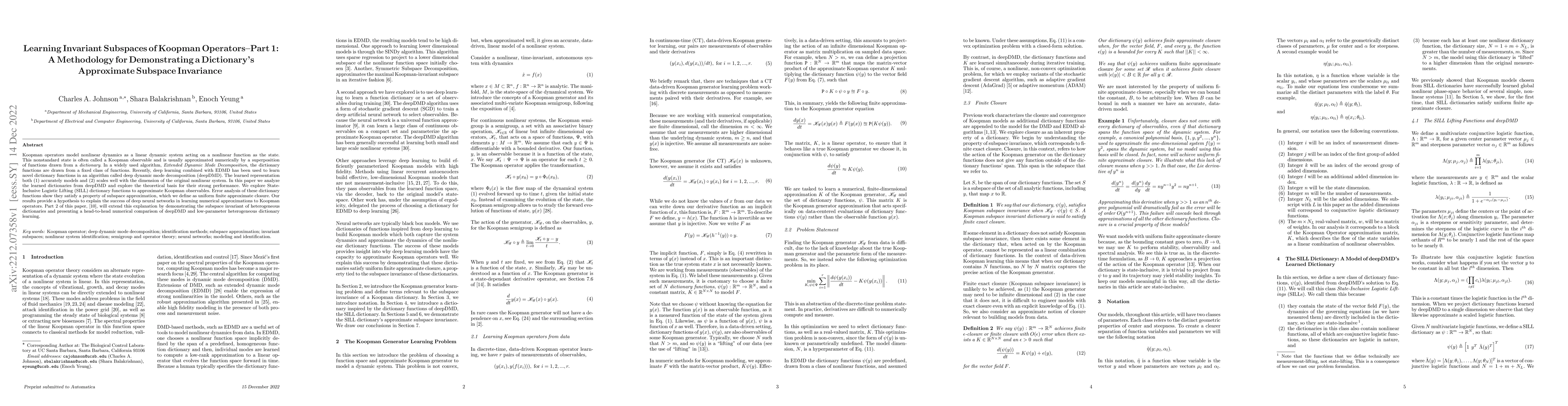 Thumbnail for Learning Invariant Subspaces of Koopman Operators--Part 1: A Methodology
  for Demonstrating a Dictionary's Approximate Subspace Invariance