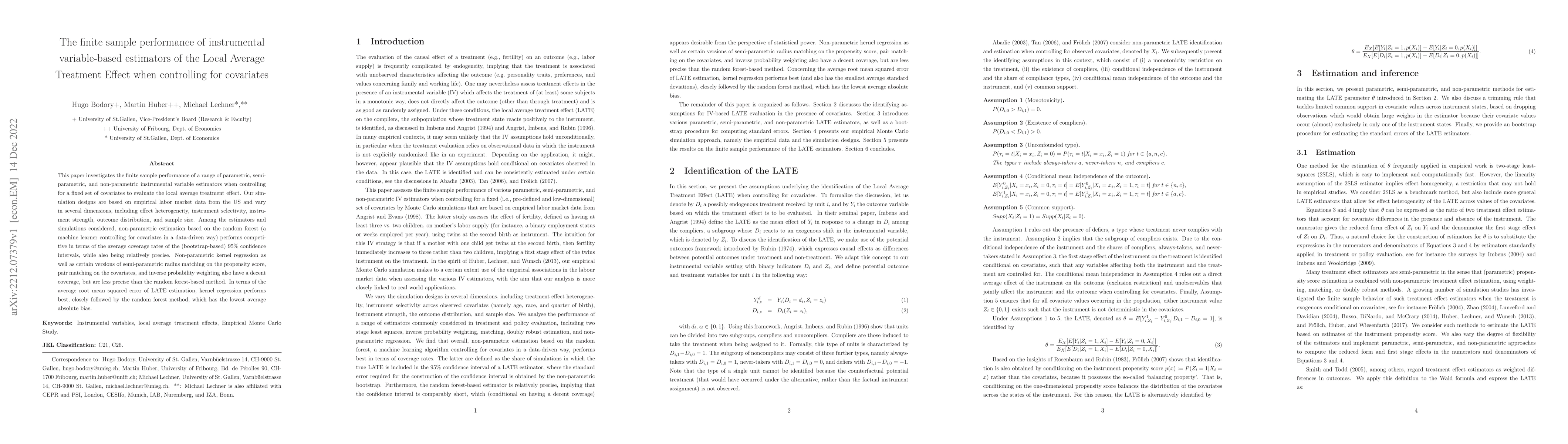 Thumbnail for The finite sample performance of instrumental variable-based estimators
  of the Local Average Treatment Effect when controlling for covariates
