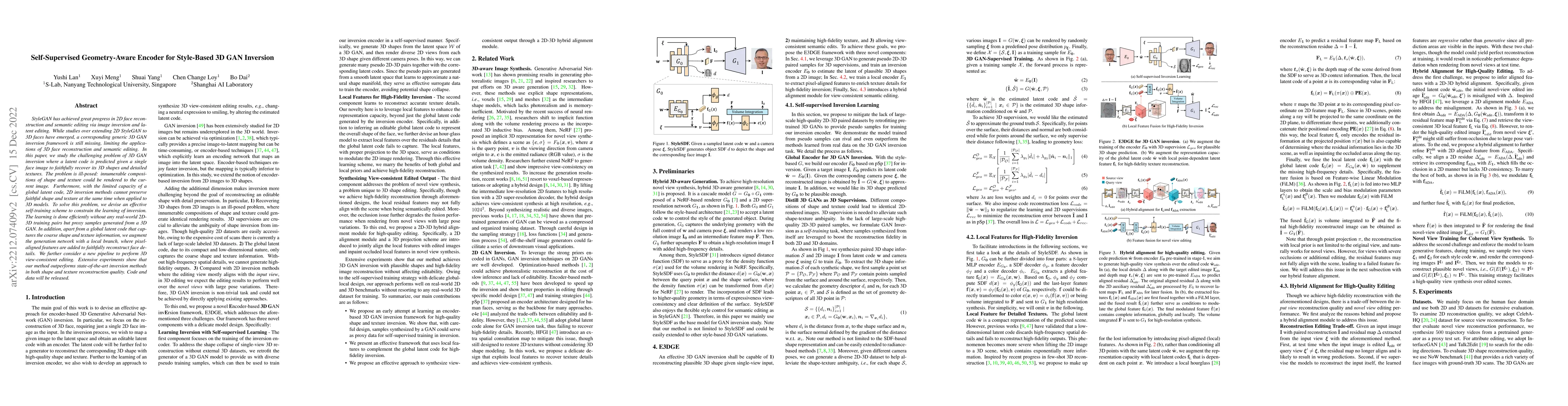 Thumbnail for Self-Supervised Geometry-Aware Encoder for Style-Based 3D GAN Inversion