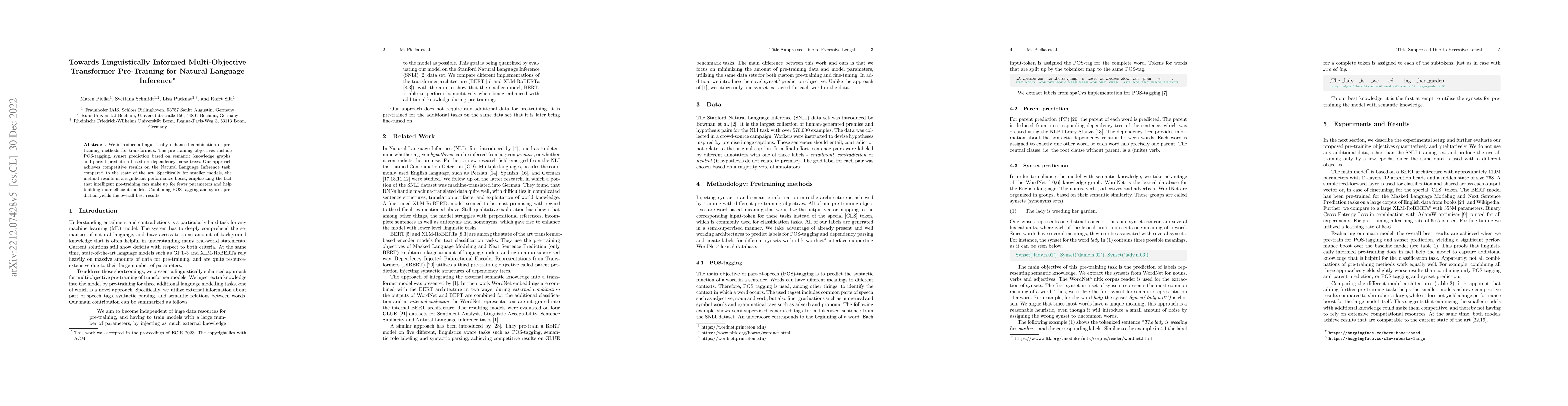 Thumbnail for Towards Linguistically Informed Multi-Objective Pre-Training for Natural
  Language Inference