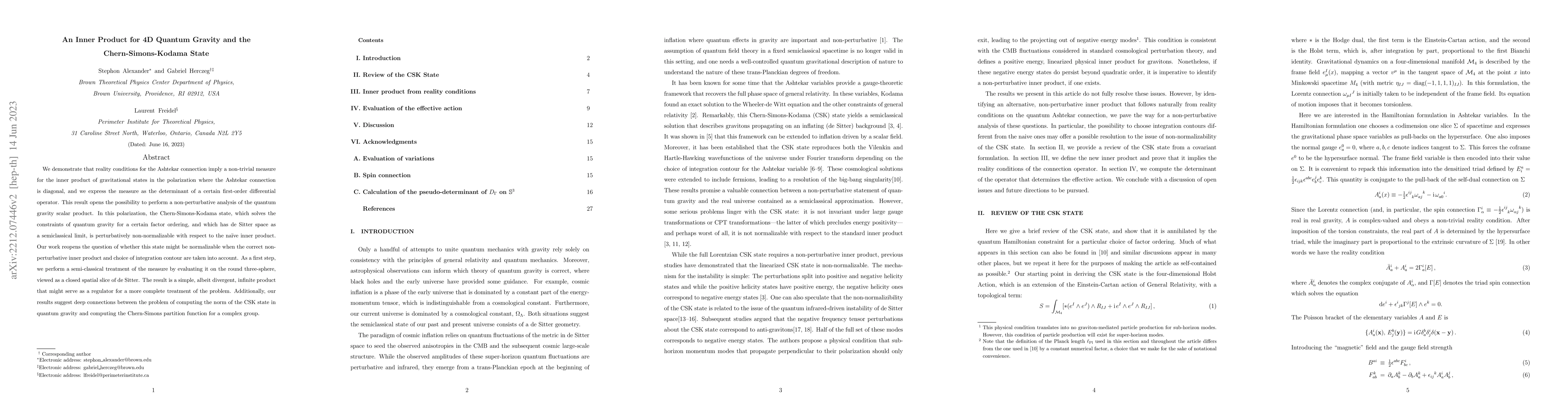 Thumbnail for An Inner Product for 4D Quantum Gravity and the Chern-Simons-Kodama
  State