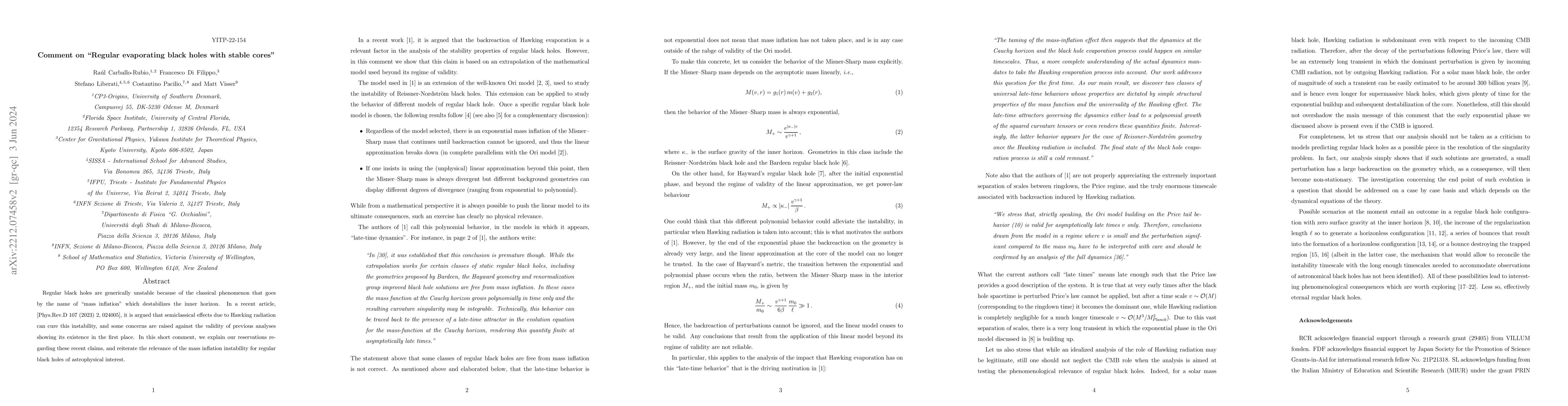 Thumbnail for Comment on "Regular evaporating black holes with stable cores"