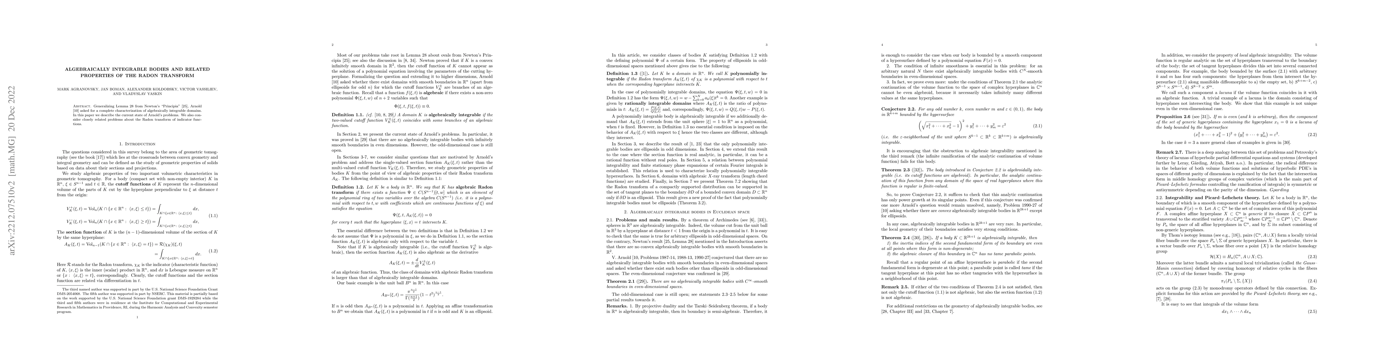 Thumbnail for Algebraically integrable bodies and related properties of the Radon
  transform