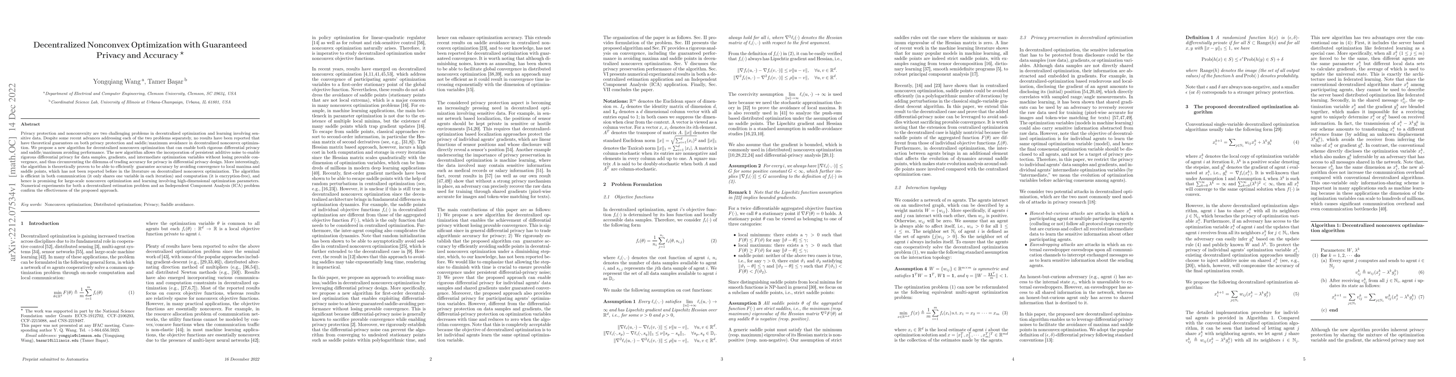 Thumbnail for Decentralized Nonconvex Optimization with Guaranteed Privacy and
  Accuracy