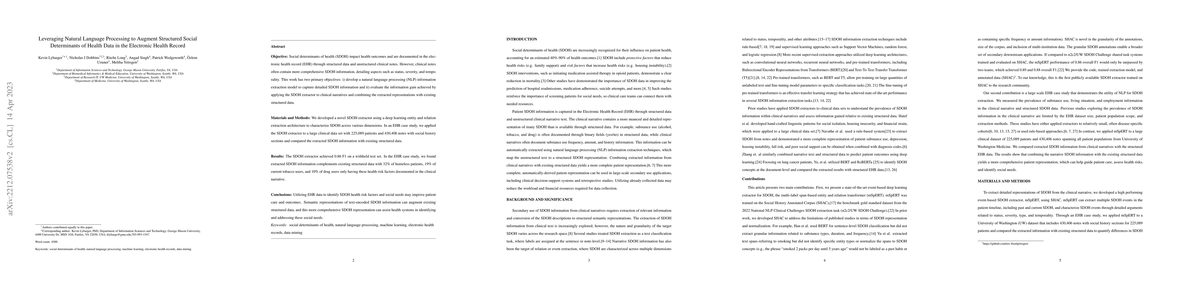 Thumbnail for Leveraging Natural Language Processing to Augment Structured Social
  Determinants of Health Data in the Electronic Health Record