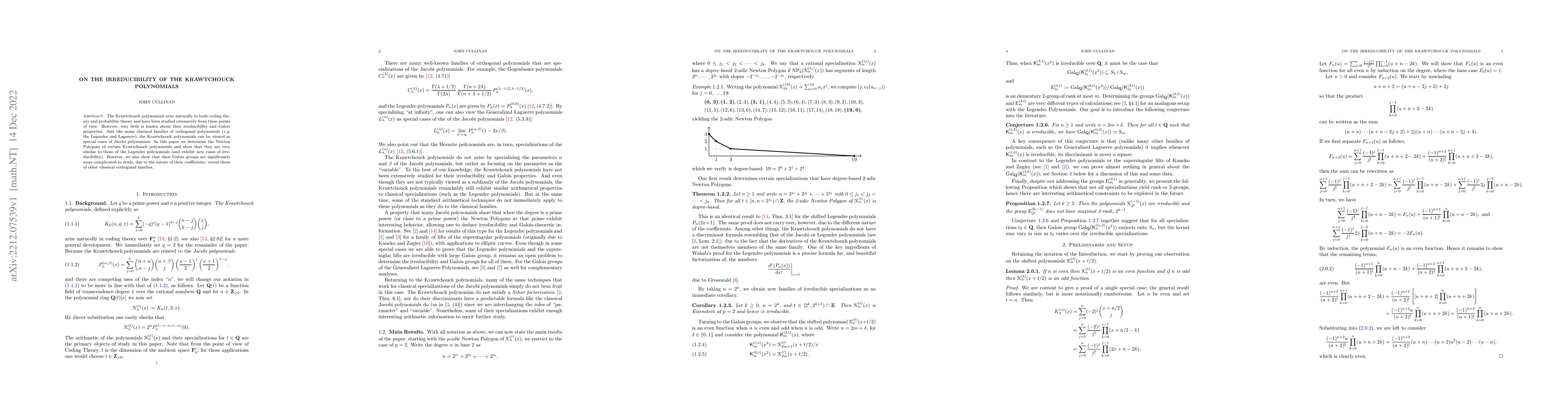 Thumbnail for On the Irreducibility of the Krawtchouck Polynomials