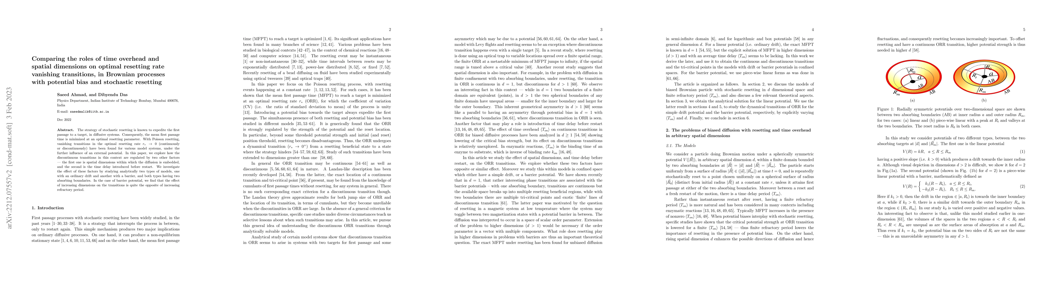 Thumbnail for Comparing the roles of time overhead and spatial dimensions on optimal
  resetting rate vanishing transitions, in Brownian processes with potential
  bias and stochastic resetting