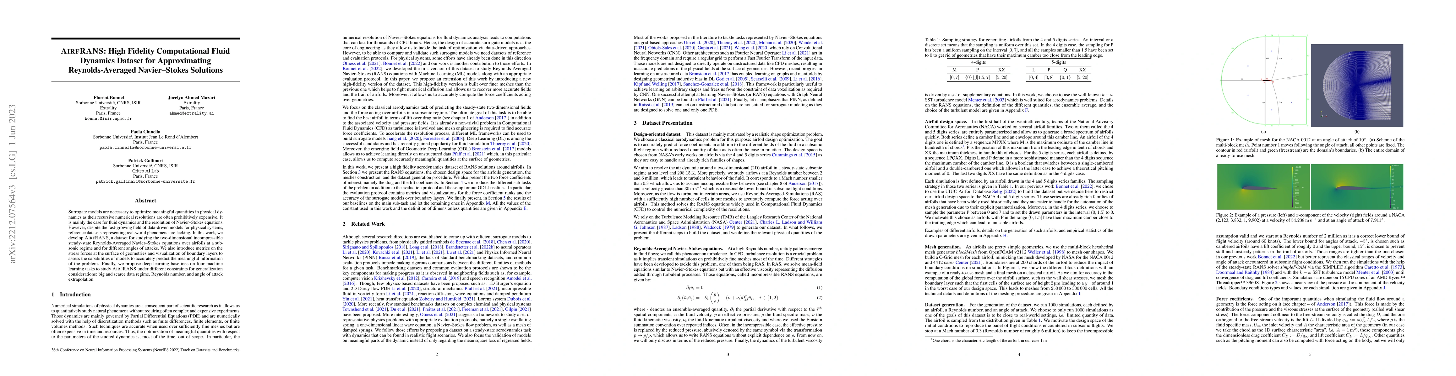 Thumbnail for AirfRANS: High Fidelity Computational Fluid Dynamics Dataset for
  Approximating Reynolds-Averaged Navier-Stokes Solutions