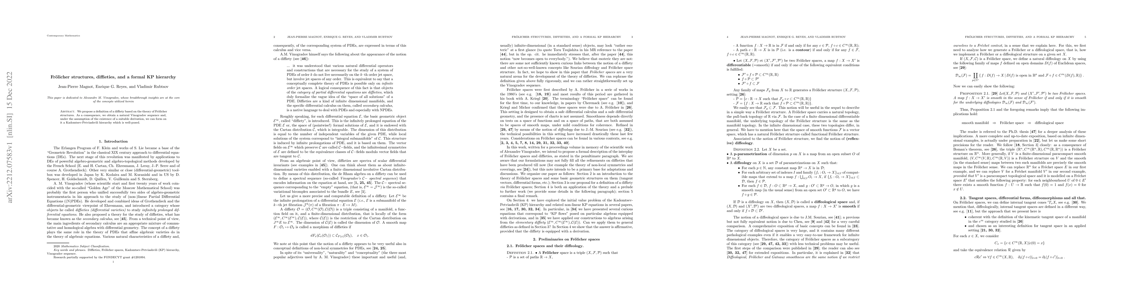 Thumbnail for Frolicher structures, diffieties, and a formal KP hierarchy