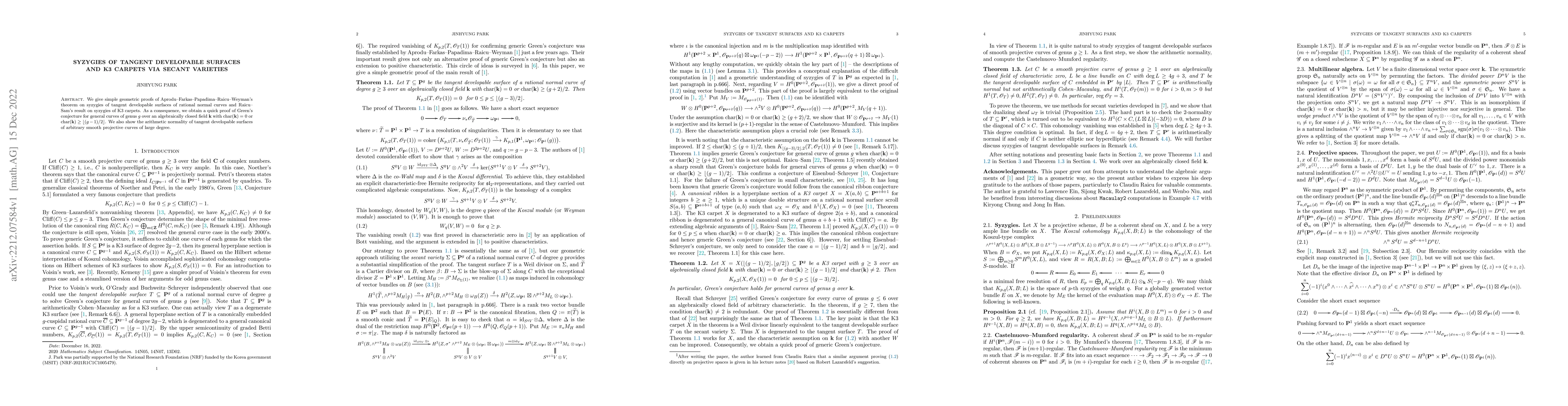 Thumbnail for Syzygies of tangent developable surfaces and K3 carpets via secant
  varieties