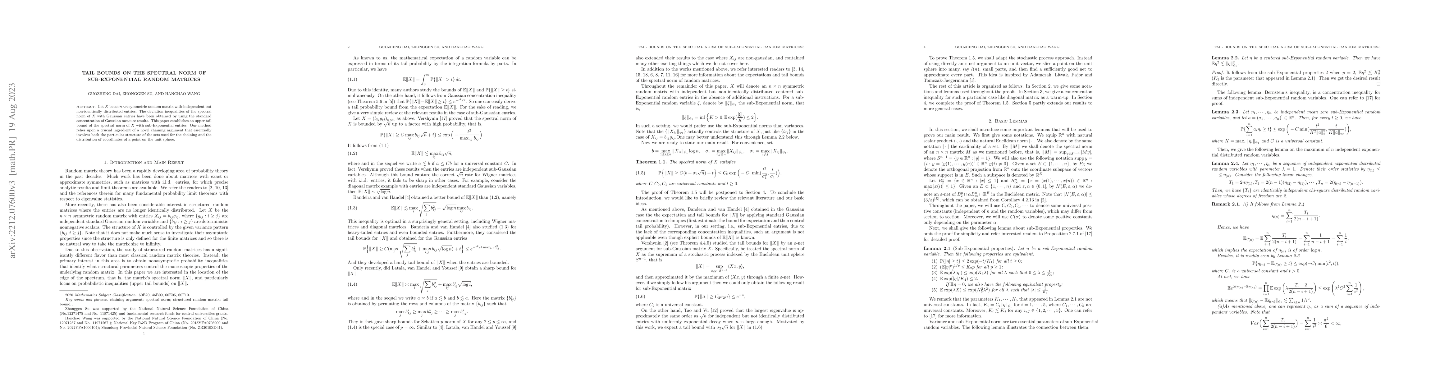 Thumbnail for Tail Bounds on the Spectral Norm of Sub-Exponential Random Matrices