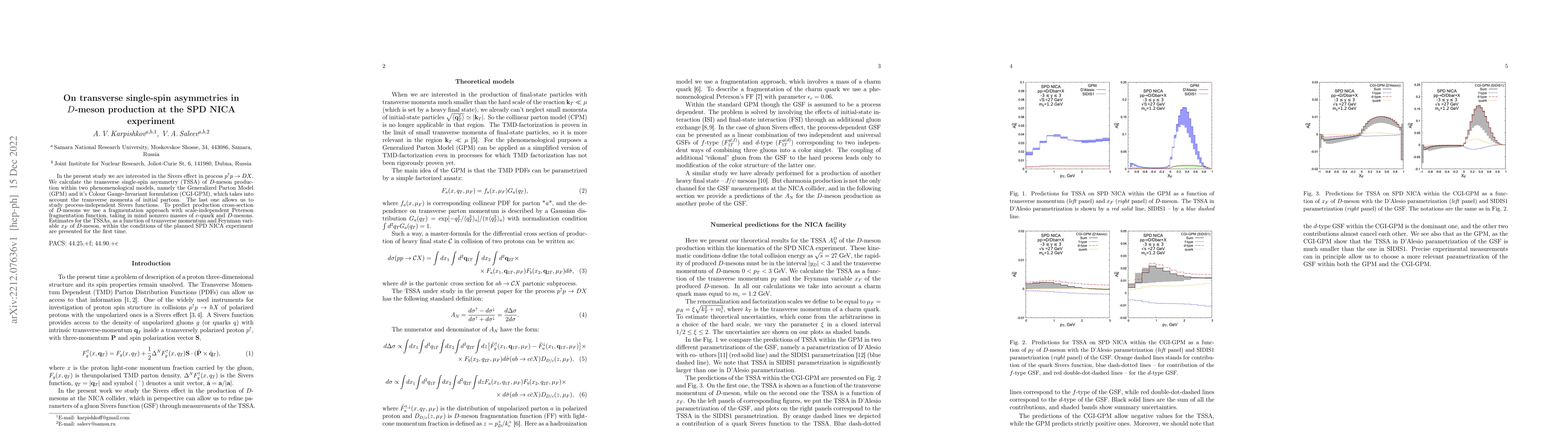 Thumbnail for On transverse single-spin asymmetries in $D$-meson production at the SPD
  NICA experiment