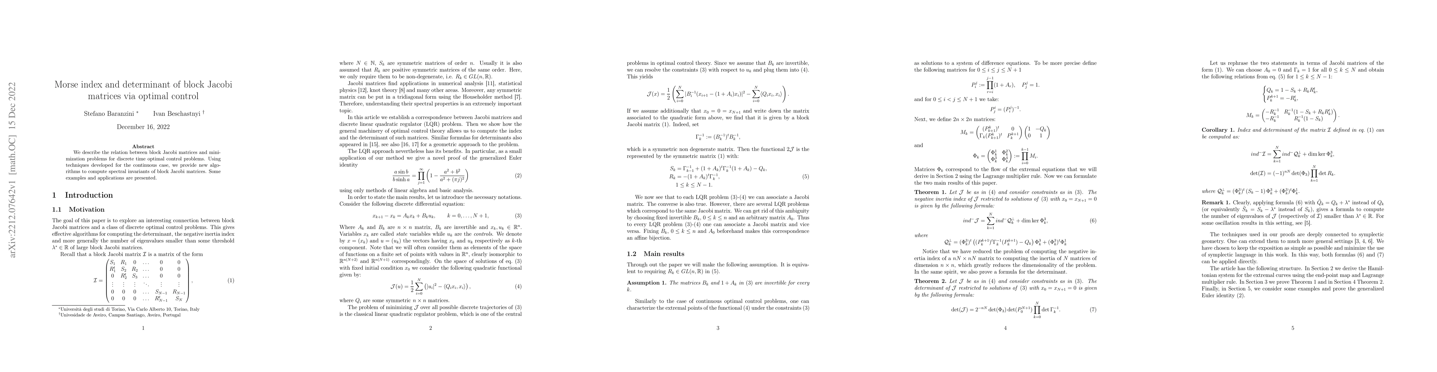 Thumbnail for Morse index and determinant of block Jacobi matrices via optimal control