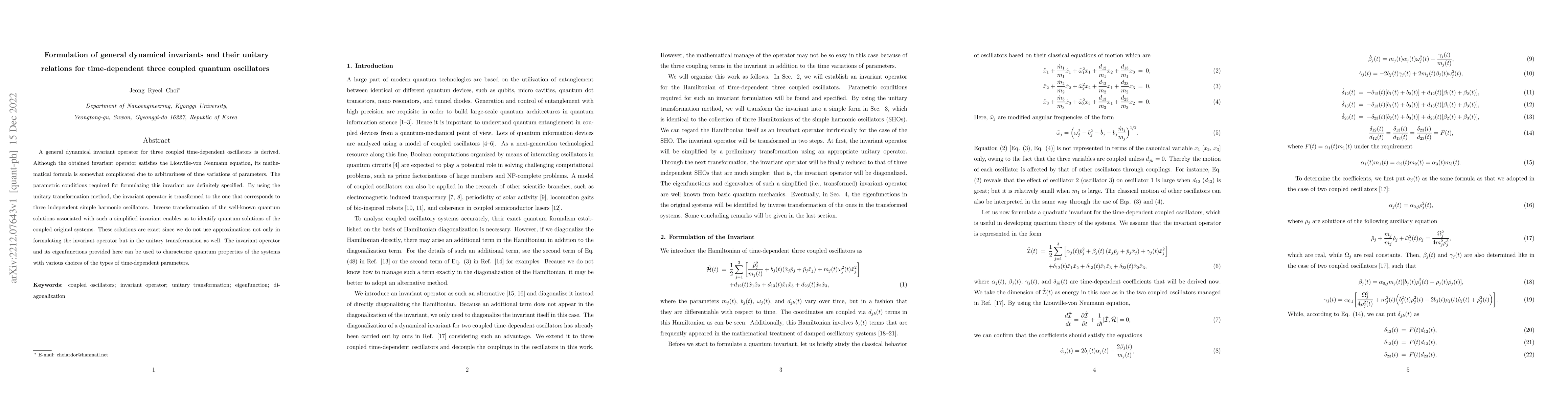 Thumbnail for Formulation of general dynamical invariants and their unitary relations
  for time-dependent three coupled quantum oscillators