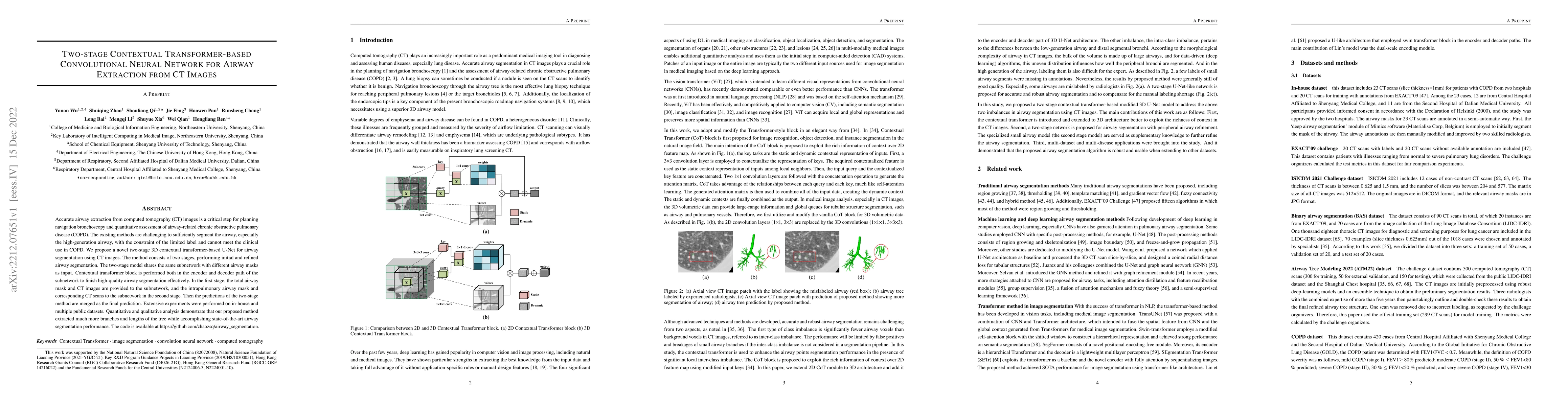 Thumbnail for Two-stage Contextual Transformer-based Convolutional Neural Network for
  Airway Extraction from CT Images