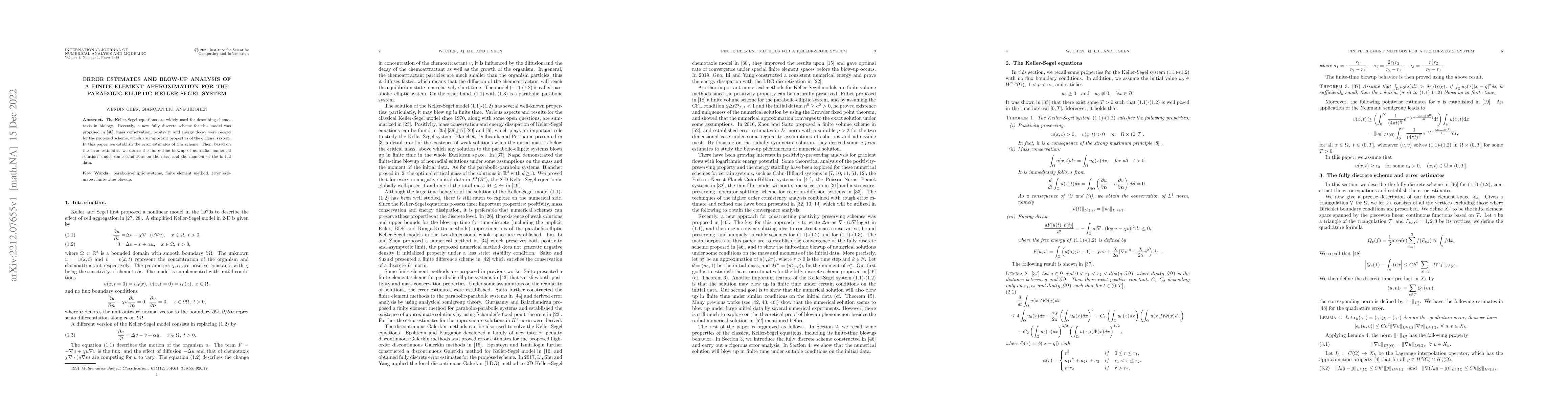 Thumbnail for Error estimates and blow-up analysis of a finite-element approximation
  for the parabolic-elliptic Keller-Segel system