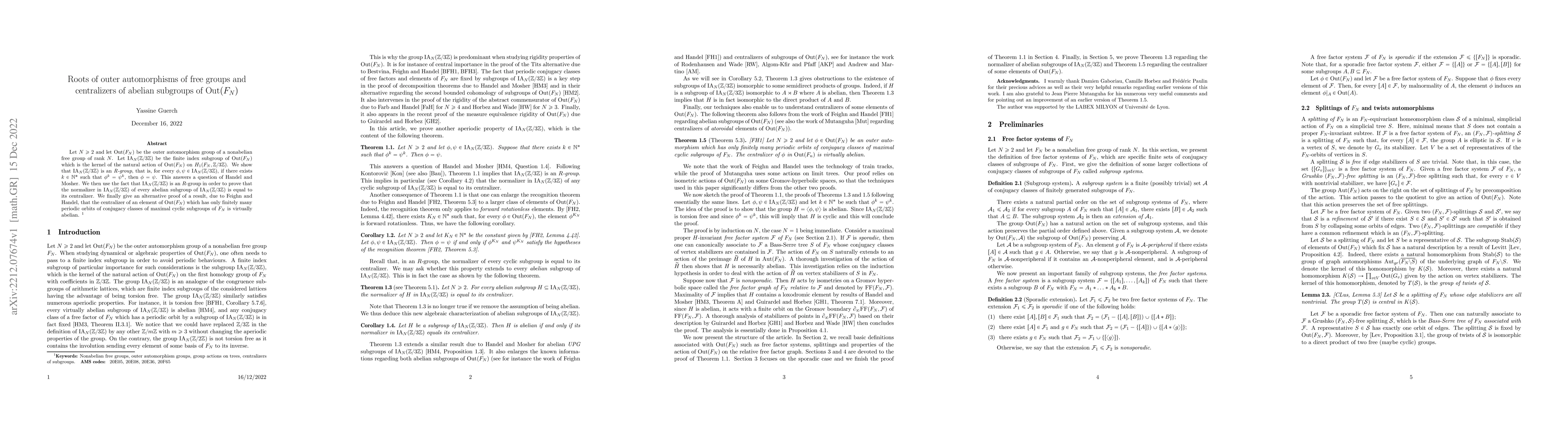 Thumbnail for Roots of outer automorphisms of free groups and centralizers of abelian
  subgroups of $\mathrm{Out}(F_N)$