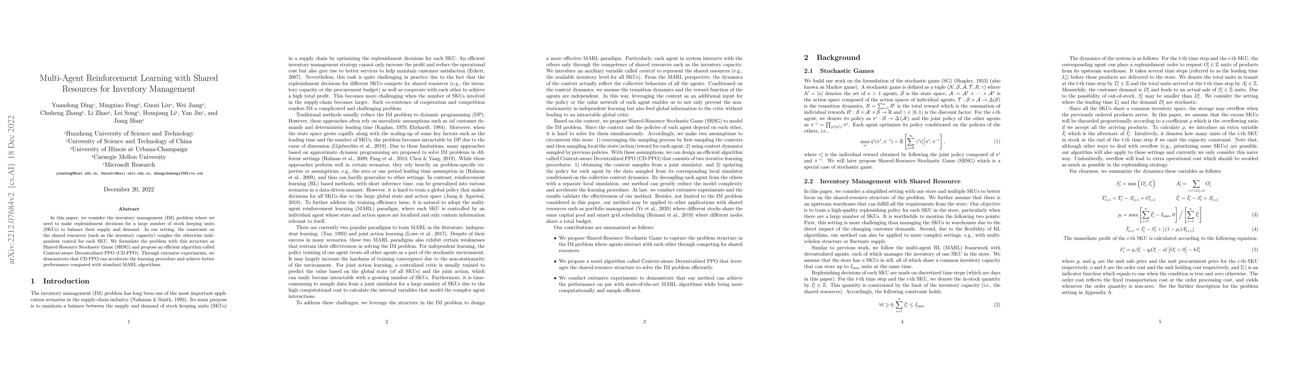 Thumbnail for Multi-Agent Reinforcement Learning with Shared Resources for Inventory
  Management