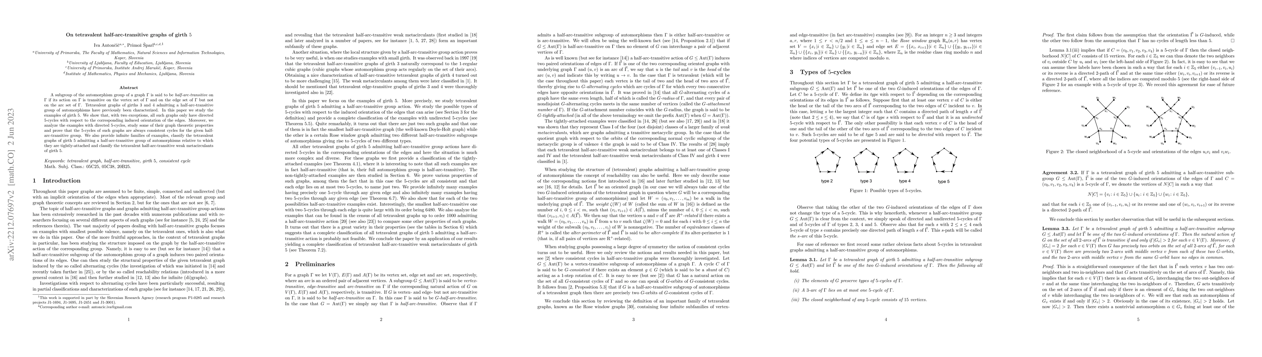 Thumbnail for On tetravalent half-arc-transitive graphs of girth 5