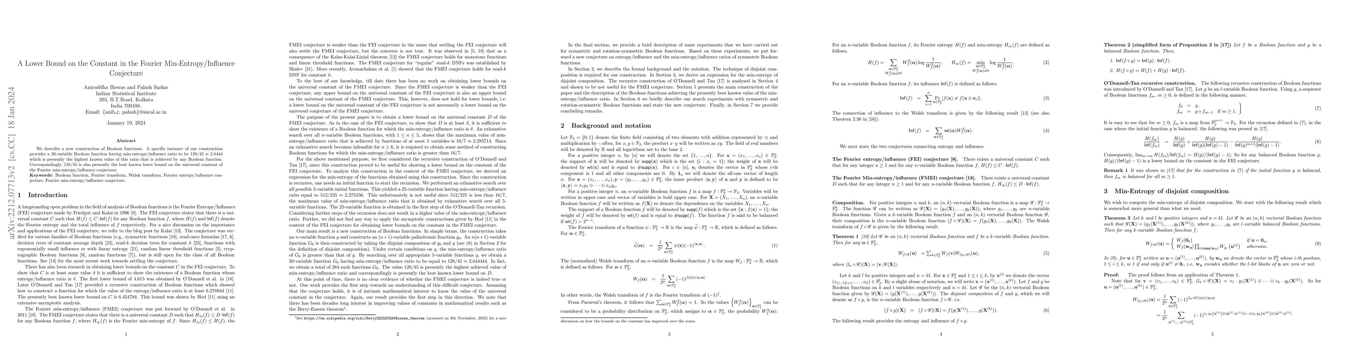 Thumbnail for A Lower Bound on the Constant in the Fourier Min-Entropy/Influence
  Conjecture