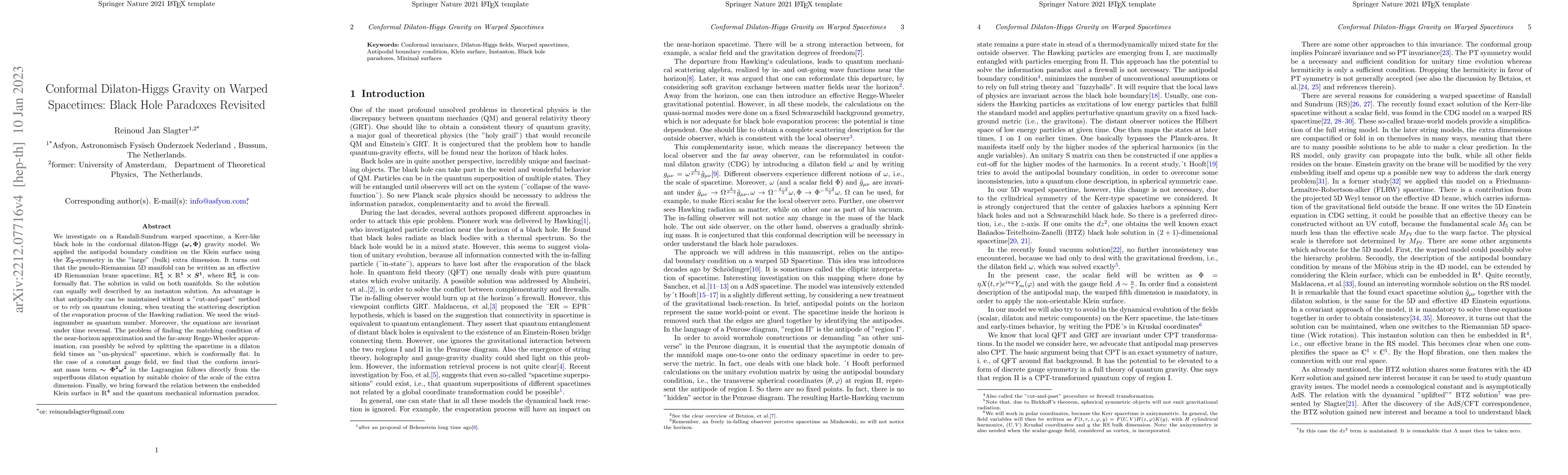 Thumbnail for Conformal Dilaton-Higgs Gravity on Warped Spacetimes: Black Hole
  Paradoxes revisited