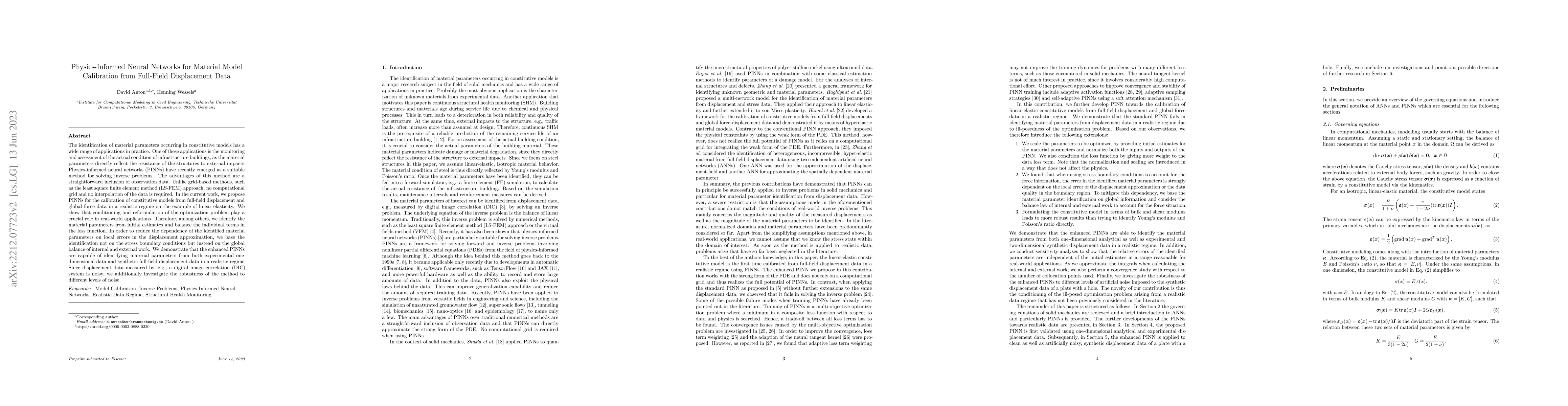 Thumbnail for Physics-Informed Neural Networks for Material Model Calibration from
  Full-Field Displacement Data