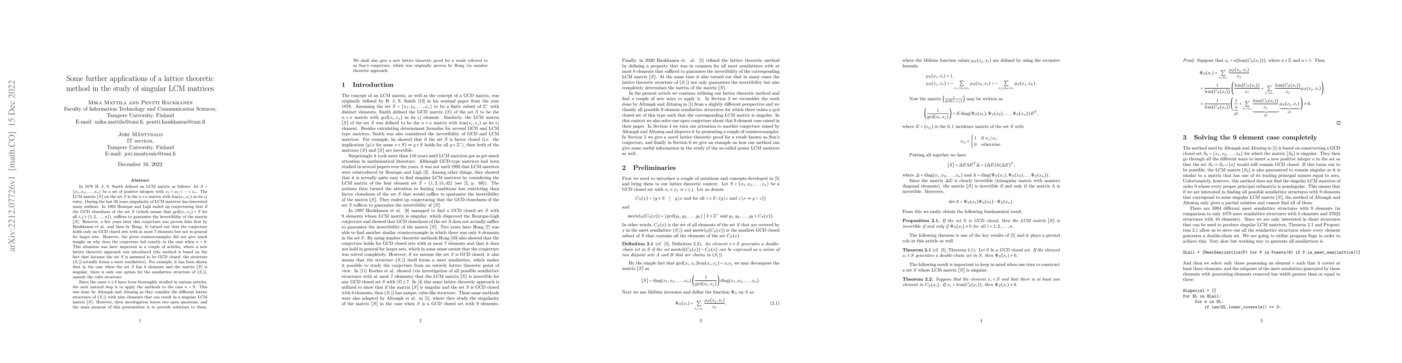 Thumbnail for Some further applications of a lattice theoretic method in the study of
  singular LCM matrices