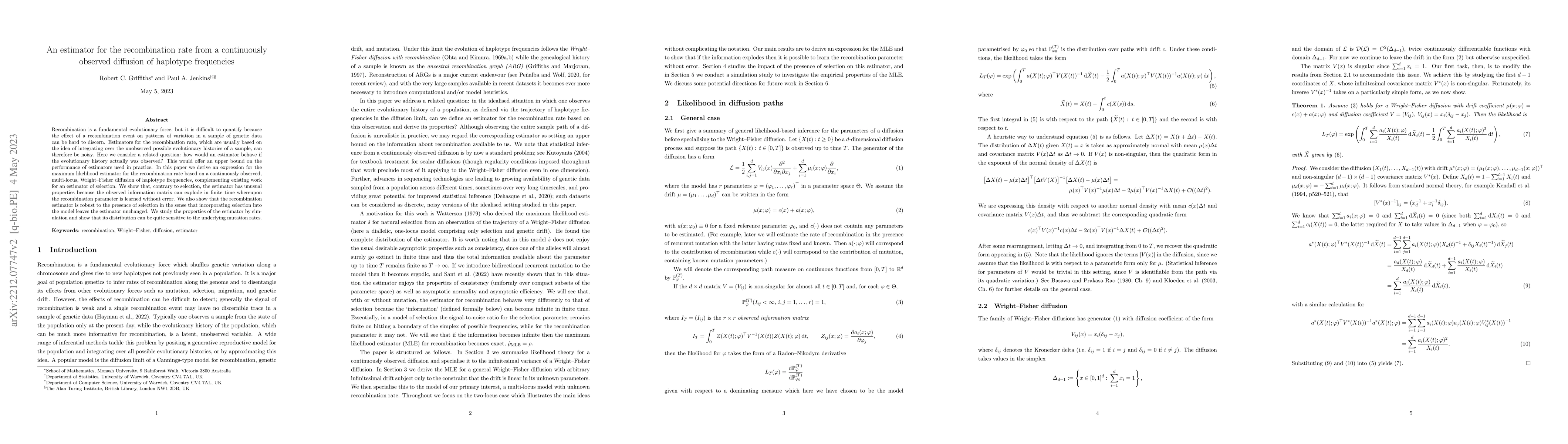 Thumbnail for An estimator for the recombination rate from a continuously observed
  diffusion of haplotype frequencies