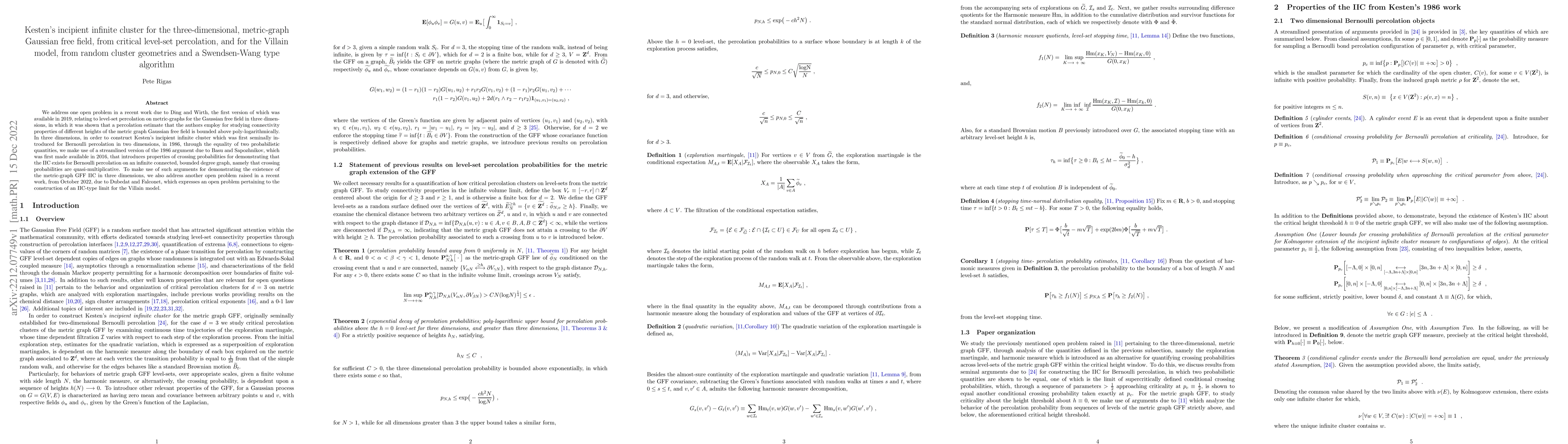 Thumbnail for Kesten's incipient infinite cluster for the three-dimensional,
  metric-graph Gaussian free field, from critical level-set percolation, and
  for the Villain model, from random cluster geometries and a Swendsen-Wang
  type algorithm